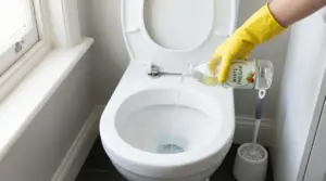 Persona con guanto giallo versa aceto bianco nel water per pulire e igienizzare il WC.