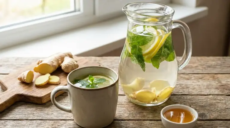 Caraffa e tazza di acqua allo zenzero con limone e menta su tavolo in legno