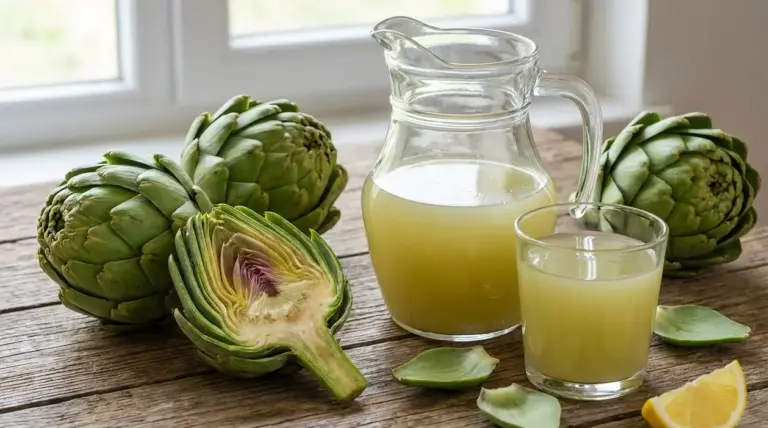 Caraffe e bicchiere di acqua di carciofo con carciofi freschi su tavolo di legno