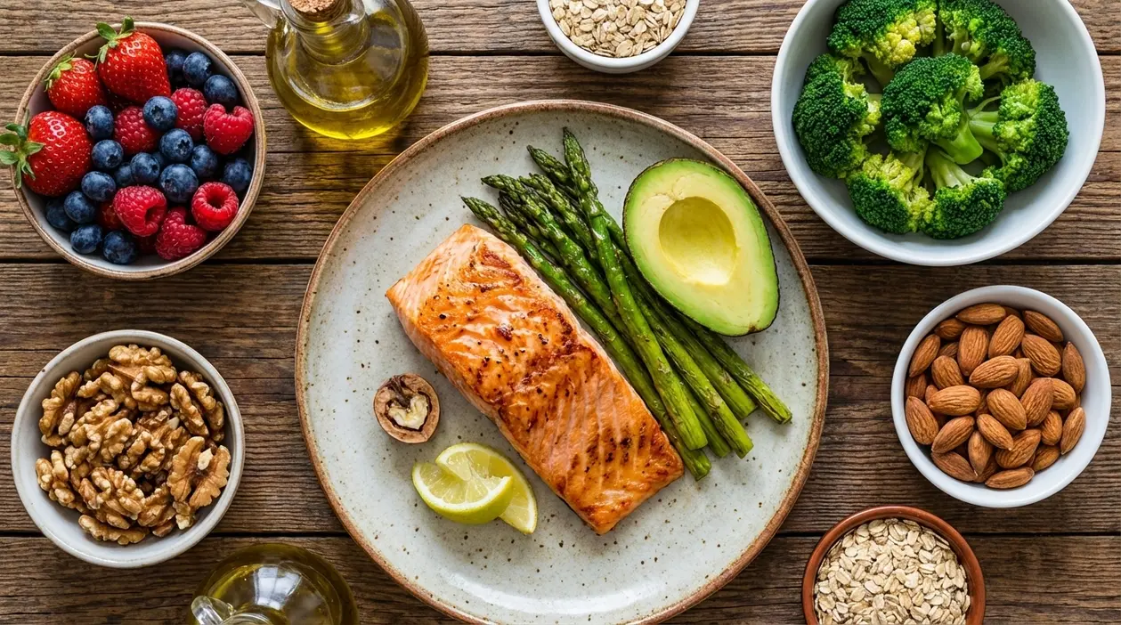 Piatto con salmone, avocado, asparagi, frutti di bosco, broccoli, noci e mandorle per abbassare il colesterolo