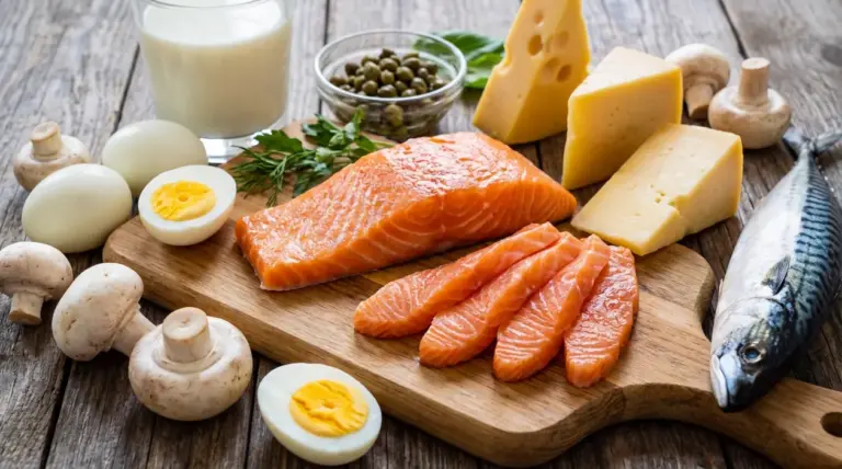 Alimenti ricchi di vitamina D: salmone, sgombro, uova, latte, formaggi e funghi su tavolo di legno