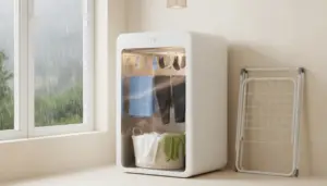 Asciugatrice per bucato in casa accanto a una finestra con pioggia, alternativa allo stendino indoor