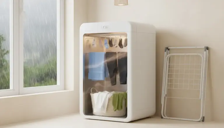 Asciugatrice per bucato in casa accanto a una finestra con pioggia, alternativa allo stendino indoor