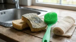 Spugne per piatti usurate accanto a una spazzola in silicone e a un panno lavabile vicino al lavello