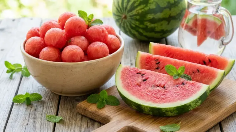 Fette di anguria e palline di anguria in una ciotola su tavolo di legno, frutto estivo fresco e leggero