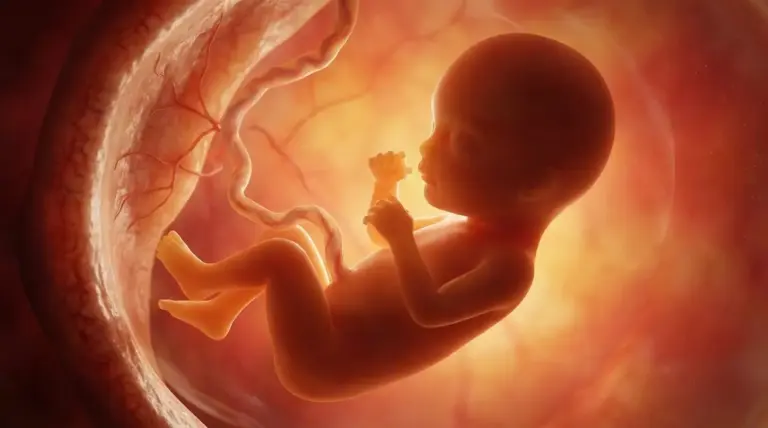 Illustrazione di un feto nel grembo materno collegato dal cordone ombelicale