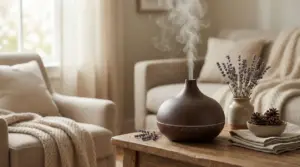 Diffusore di aromi in legno con vapore su un tavolino in soggiorno accogliente, accanto a lavanda essiccata