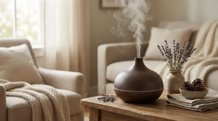 Diffusore di aromi in legno con vapore su un tavolino in soggiorno accogliente, accanto a lavanda essiccata