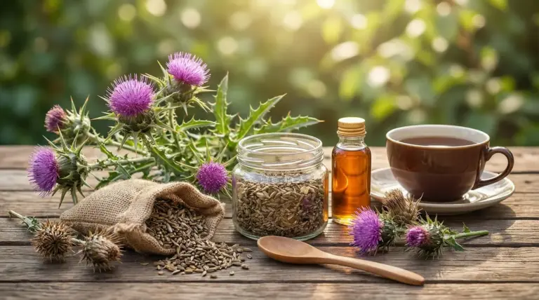 Cardo mariano con fiori viola, semi, olio e tisana su tavolo in legno all’aperto