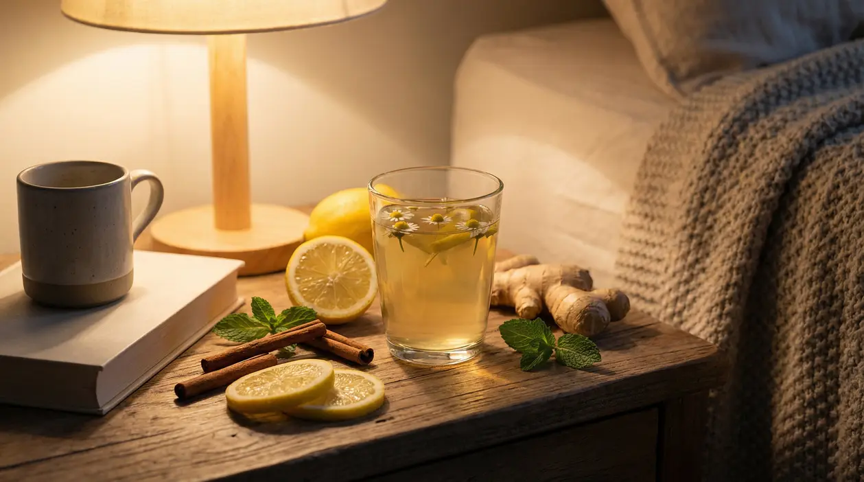 Tisana serale con limone, zenzero e menta sul comodino accanto al letto