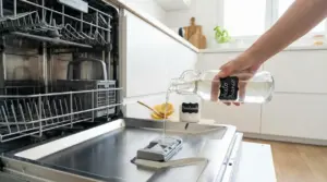 Persona versa aceto nella vaschetta della lavastoviglie aperta, con ingredienti naturali in cucina