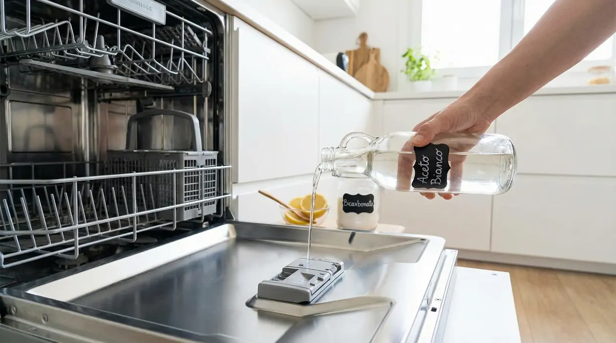 Persona versa aceto nella vaschetta della lavastoviglie aperta, con ingredienti naturali in cucina