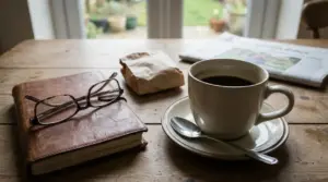 Tazza di caffè nero su un tavolo con libro, occhiali e giornale in un ambiente domestico
