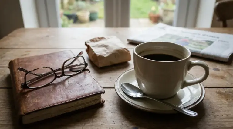 Tazza di caffè nero su un tavolo con libro, occhiali e giornale in un ambiente domestico