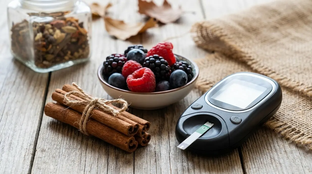 Stecche di cannella, frutti di bosco e glucometro su un tavolo, simbolo del rapporto tra alimentazione e glicemia