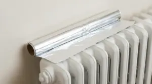 Rotolo di carta stagnola appoggiato su un termosifone bianco vicino alla parete di casa