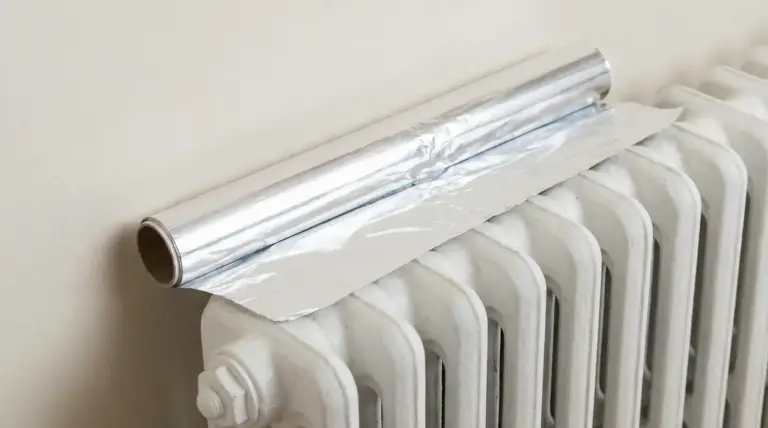 Rotolo di carta stagnola appoggiato su un termosifone bianco vicino alla parete di casa