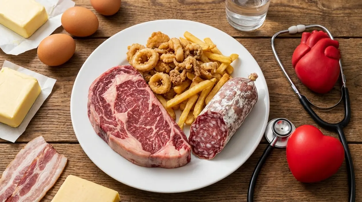 Piatto con carne rossa, salame, fritti, burro, uova e pancetta, associati al rischio di colesterolo LDL alto