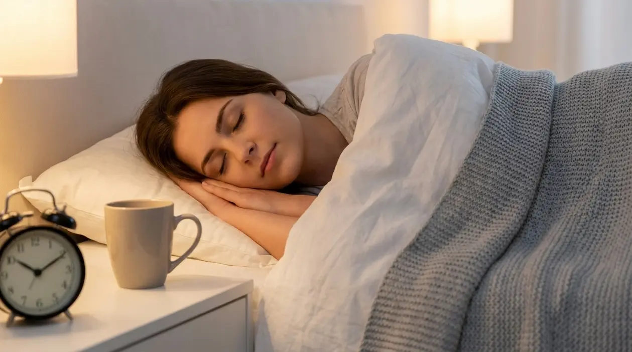 Donna che dorme serenamente nel letto accanto a una sveglia e a una tazza sul comodino
