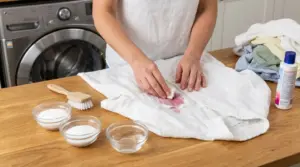 Persona tratta una macchia rosa su una camicia bianca vicino alla lavatrice con composti smacchianti