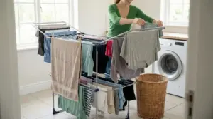 Persona che stende i panni su uno stendino in casa, vicino alla lavatrice, per asciugarli senza asciugatrice