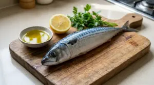 Sgombro fresco su tagliere con olio extravergine, limone e prezzemolo, ingredienti utili per gli omega 3