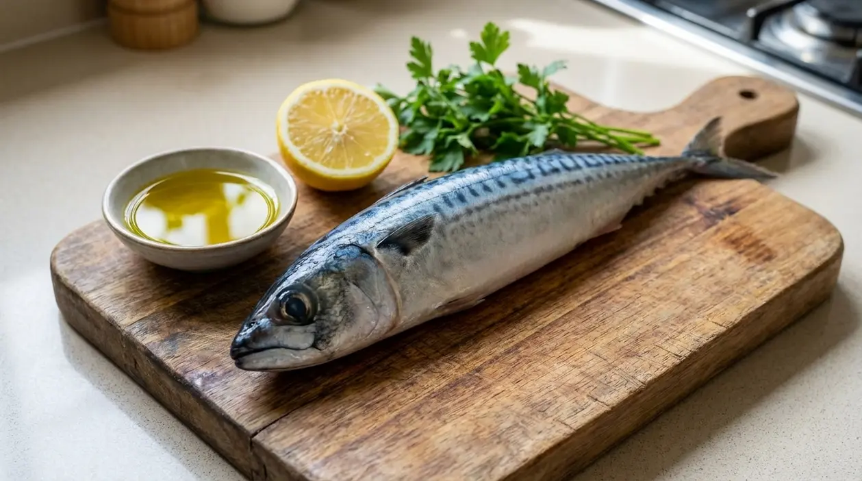 Sgombro fresco su tagliere con olio extravergine, limone e prezzemolo, ingredienti utili per gli omega 3