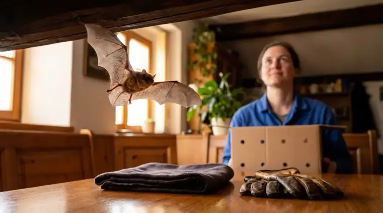 Pipistrello in casa con persona pronta a recuperarlo in sicurezza con scatola, guanti e panno