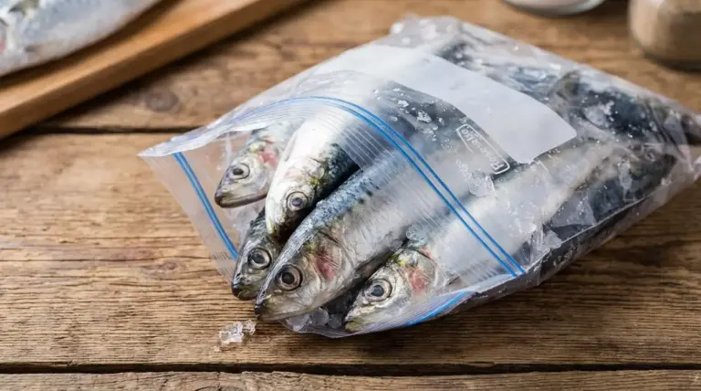 Pesce azzurro in sacchetto per congelatore su tavolo di legno, pronto per essere conservato correttamente