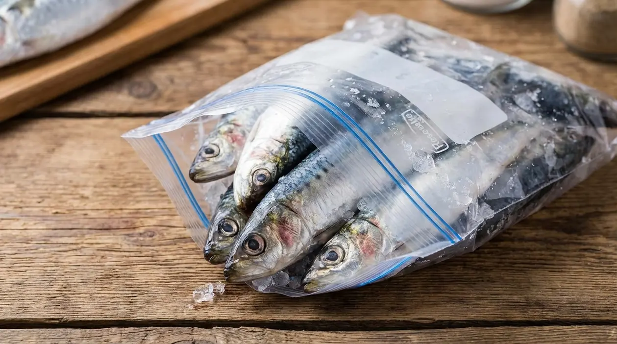 Pesce azzurro in sacchetto per congelatore su tavolo di legno, pronto per essere conservato correttamente