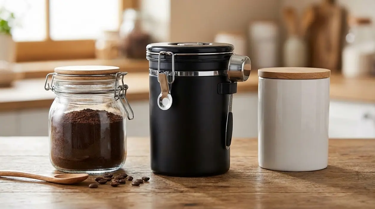 Contenitori ermetici per conservare il caffè in polvere su un piano di cucina