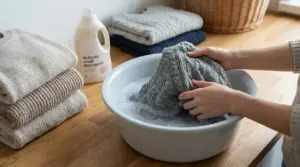 Persona che lava a mano un maglione di lana in una bacinella con detergente delicato