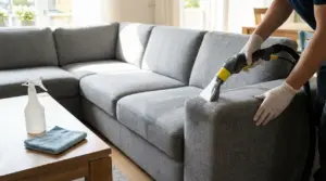 Persona che pulisce un divano grigio non sfoderabile con un estrattore in salotto