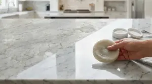 Mano che lucida un piano in marmo opaco e graffiato con un tampone in una cucina