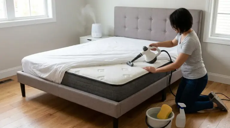 Persona che igienizza il materasso con un pulitore a vapore in camera da letto