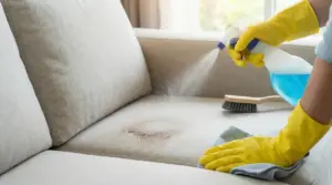 Persona con guanti spruzza detergente su un divano in tessuto con una macchia per pulirlo e igienizzarlo