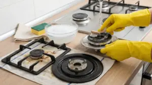 Pulizia dei bruciatori a gas del piano cottura con spazzola, acqua e detergente