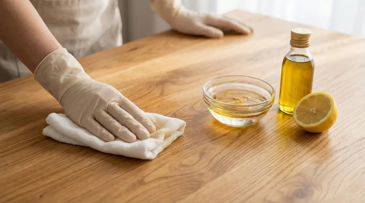 Persona pulisce un mobile in legno con panno, accanto a olio e limone per una pulizia delicata