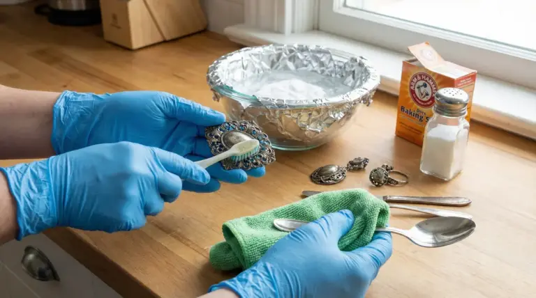 Mani con guanti puliscono oggetti in argento annerito con spazzolino, bicarbonato, sale e panno su un tavolo