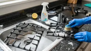 Pulizia delle griglie del piano cottura con spazzola, detergente e limone vicino al lavello