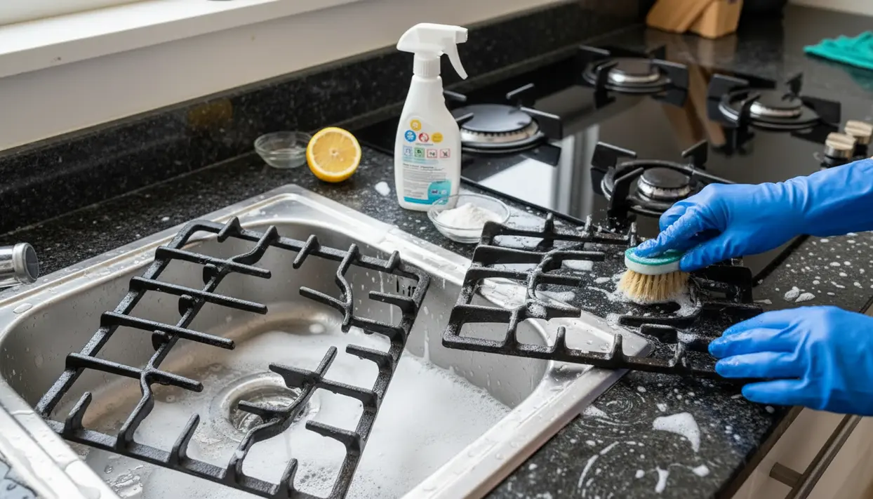 Pulizia delle griglie del piano cottura con spazzola, detergente e limone vicino al lavello