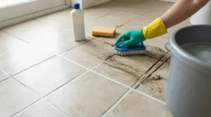 Persona con guanto pulisce le fughe sporche del pavimento con una spazzola e detergente