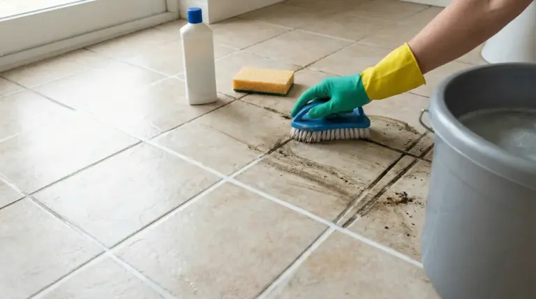 Persona con guanto pulisce le fughe sporche del pavimento con una spazzola e detergente