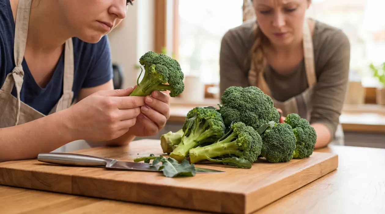 Due persone in cucina osservano e preparano broccoli freschi su un tagliere di legno