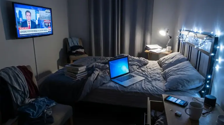 Camera da letto con TV accesa, laptop sul letto, smartphone e luci artificiali che possono disturbare il sonno