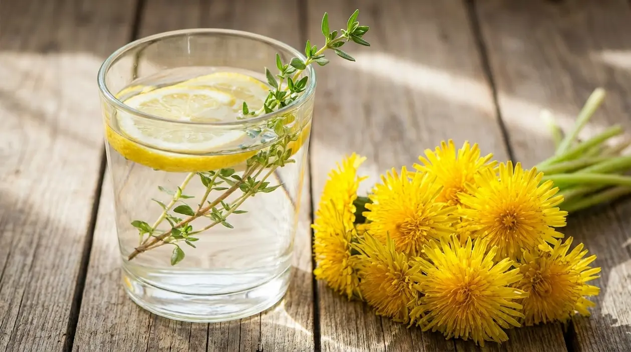 Bicchiere d’acqua con limone ed erbe aromatiche accanto a fiori gialli, rimedio naturale per la vescica