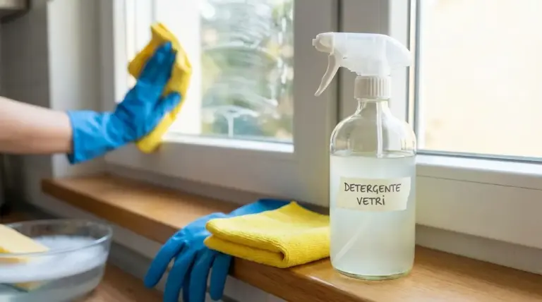 Persona pulisce una finestra con panno giallo accanto a uno spray con detergente fatto in casa per vetri