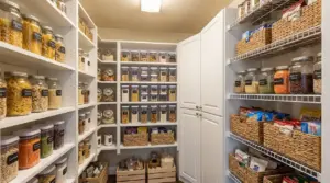 Dispensa ordinata con barattoli etichettati, contenitori trasparenti e ceste su scaffali bianchi