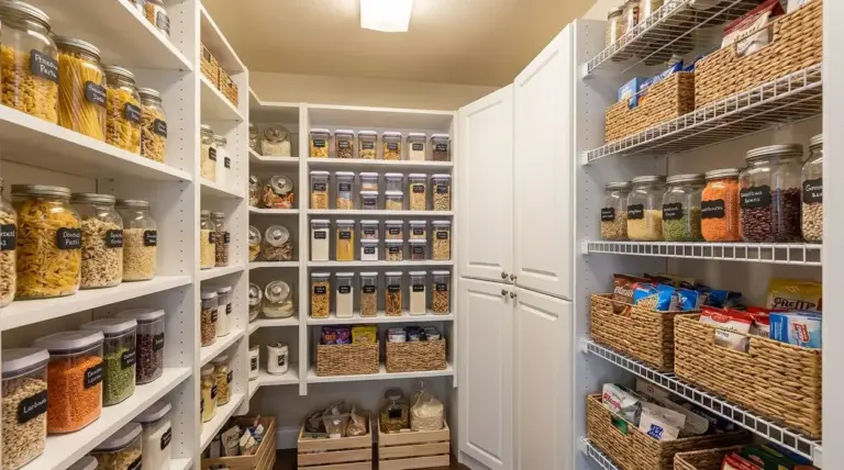 Dispensa ordinata con barattoli etichettati, contenitori trasparenti e ceste su scaffali bianchi