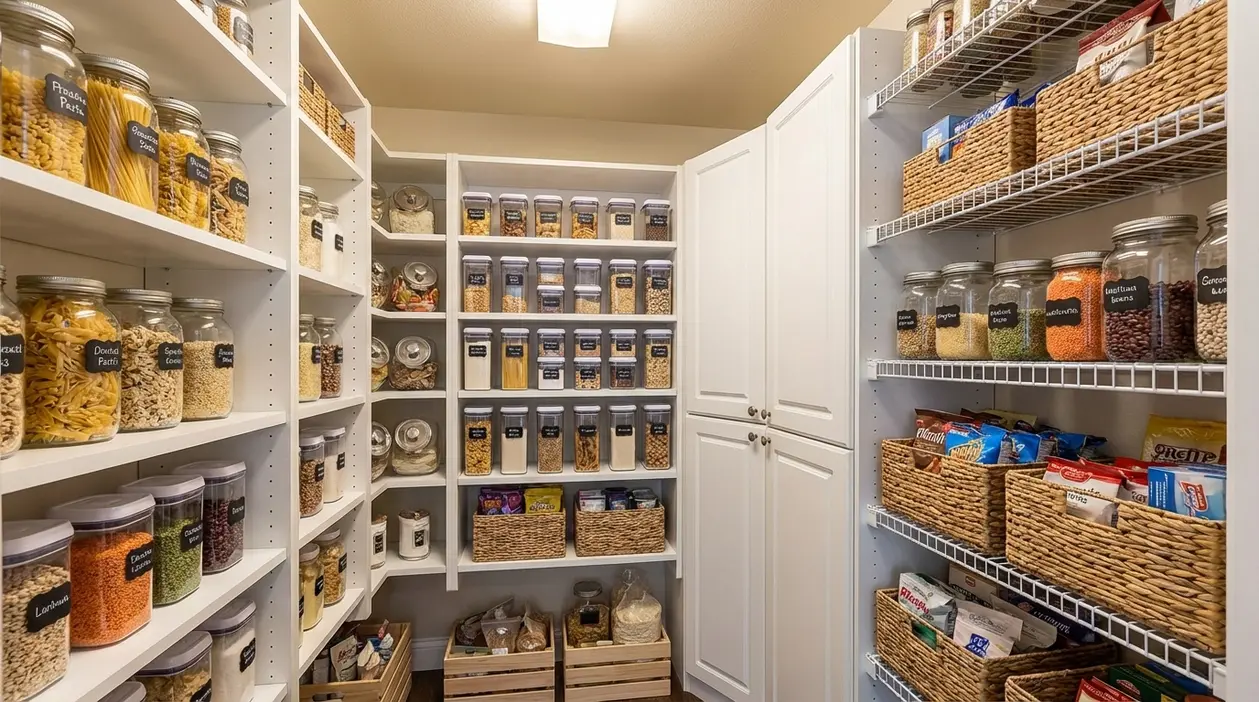 Dispensa ordinata con barattoli etichettati, contenitori trasparenti e ceste su scaffali bianchi